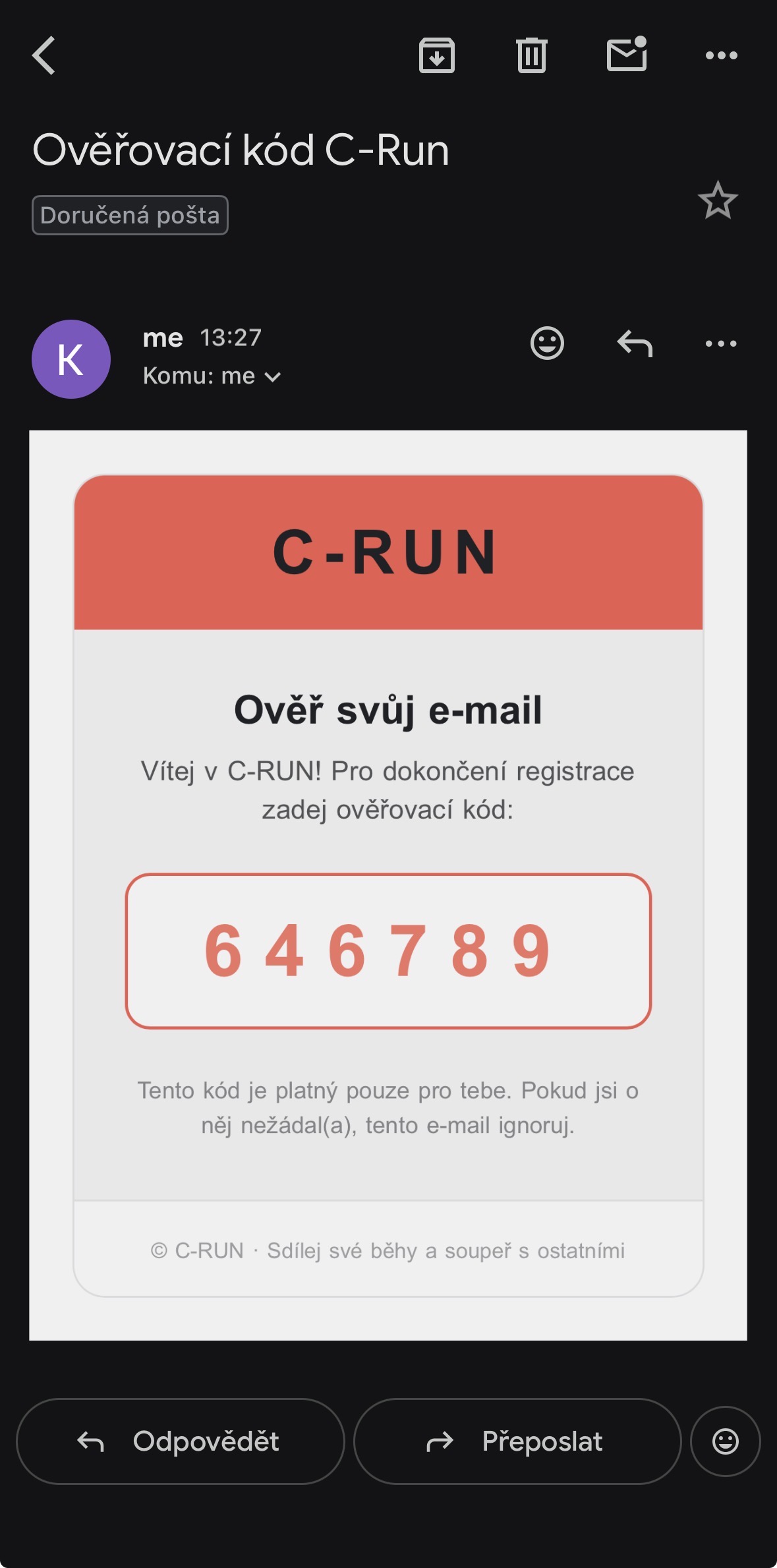 C-RUN - obrazovka v tmavém módu
