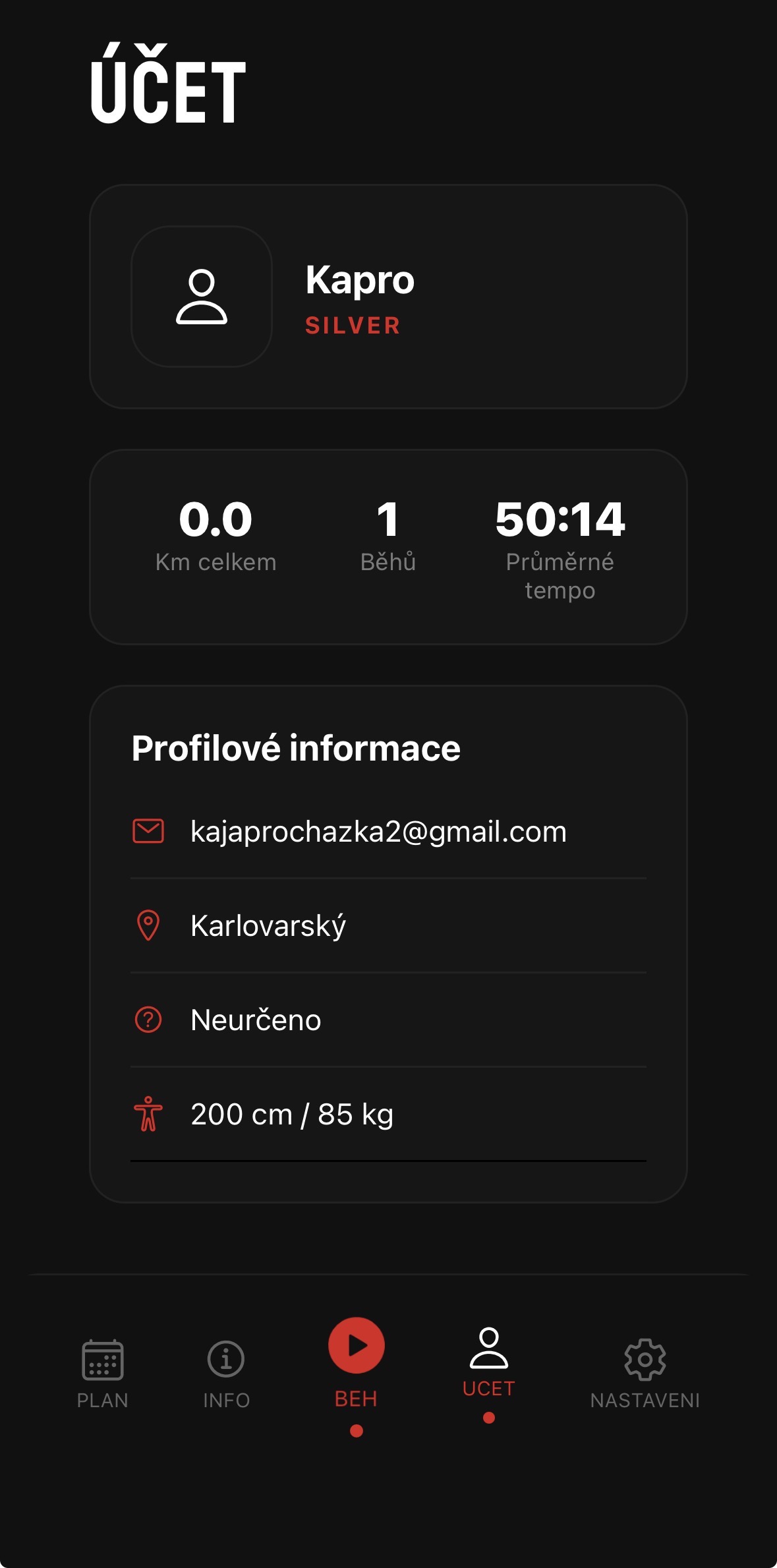 C-RUN - obrazovka v tmavém módu