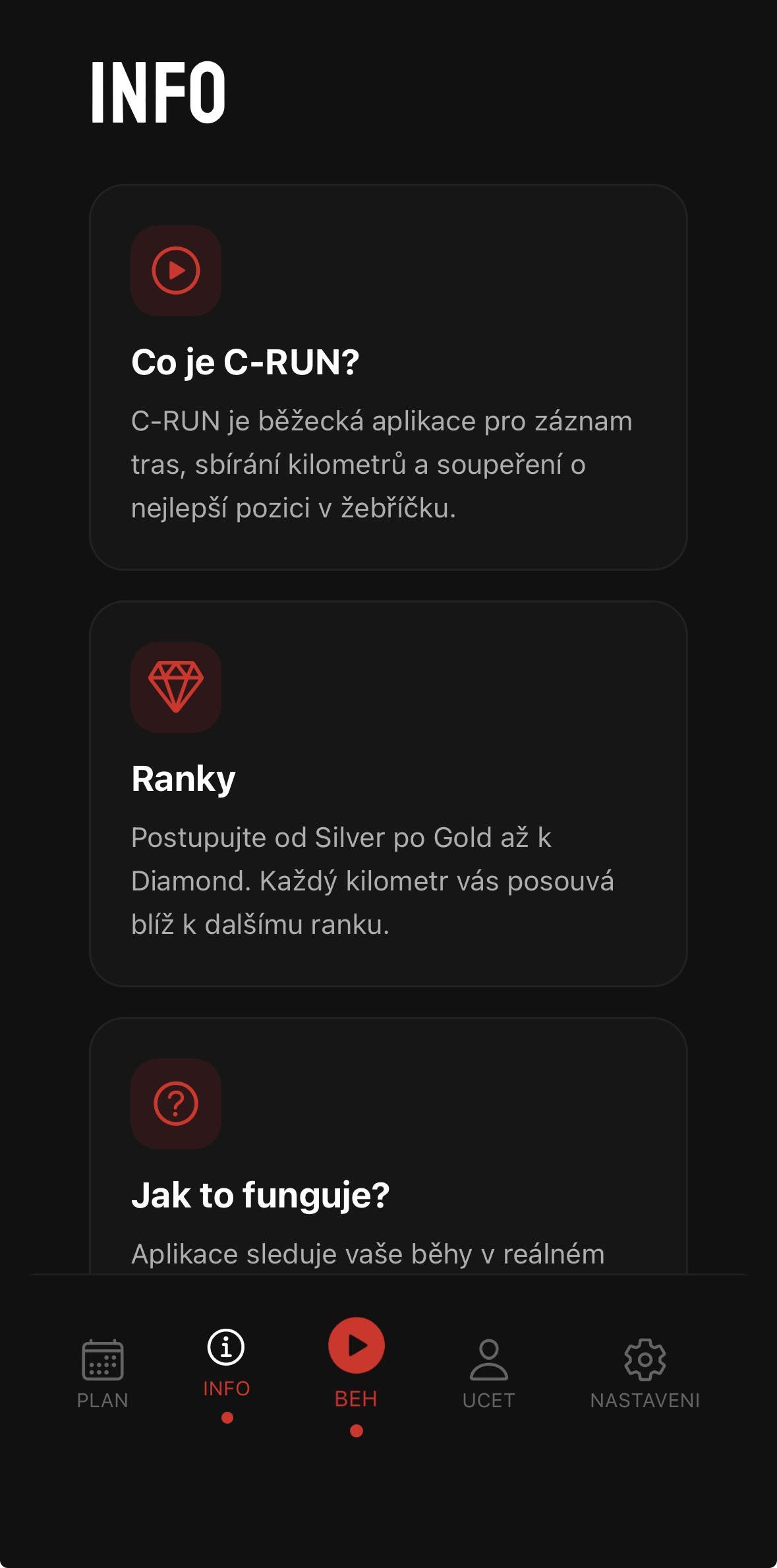 C-RUN - obrazovka v tmavém módu
